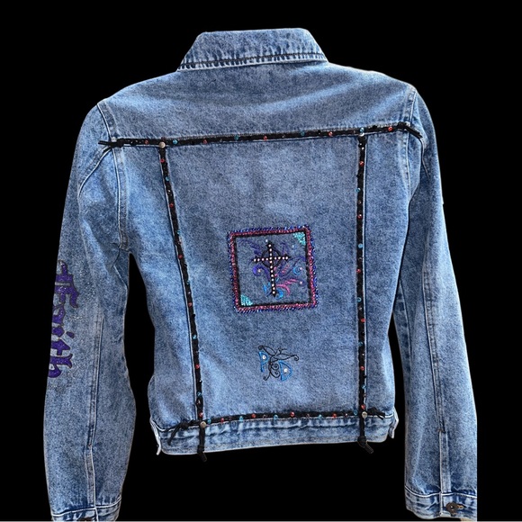 Cross Embroidered Crystal Embellished Jean Jacket - Picture 2 of 10